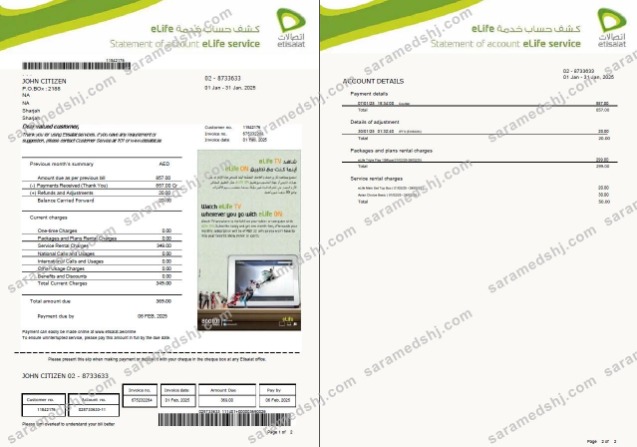 UAE Etisalat utility bill template in Word and PDF formats, 2 pages, version 2